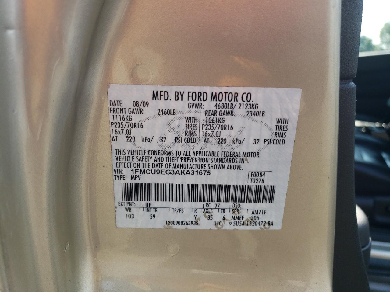 2010 Ford Escape Limited VIN: 1FMCU9EG3AKA31675 Lot: 66078944