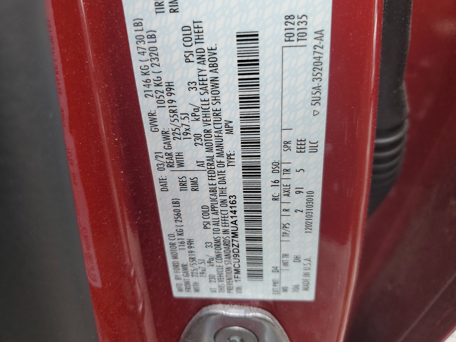 1FMCU9DZ7MUA14163 2021 Ford Escape Titanium