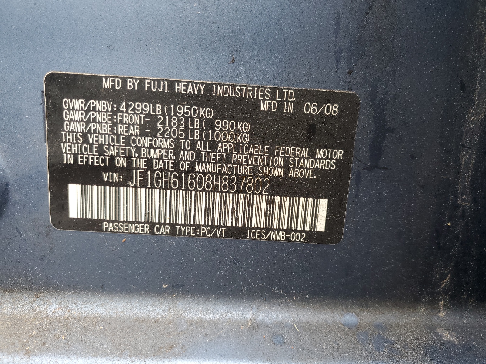 JF1GH61608H837802 2008 Subaru Impreza 2.5I