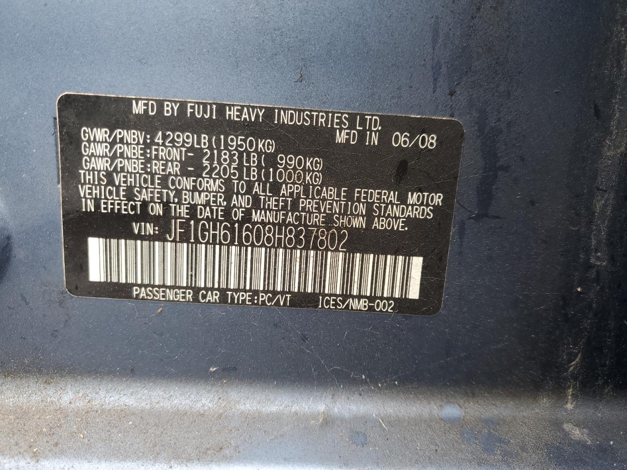 2008 Subaru Impreza 2.5I VIN: JF1GH61608H837802 Lot: 66286634