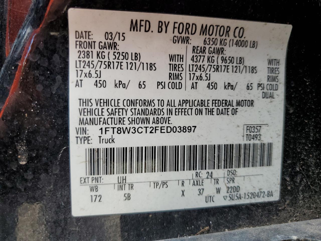 2015 Ford F350 Super Duty VIN: 1FT8W3CT2FED03897 Lot: 65009834