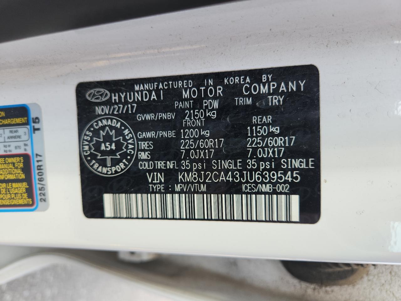 2018 Hyundai Tucson Se VIN: KM8J2CA43JU639545 Lot: 67893444