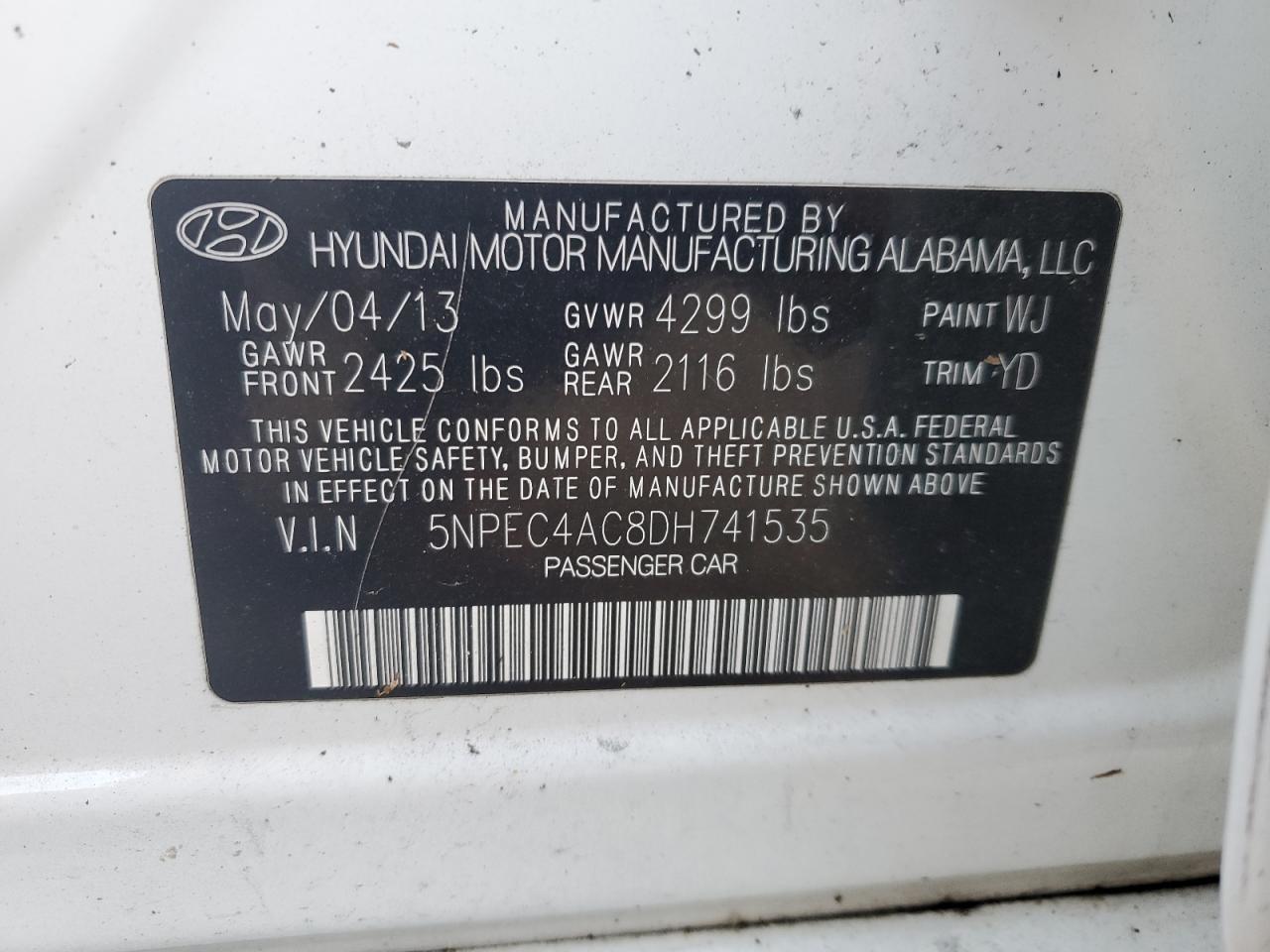 2013 Hyundai Sonata Se VIN: 5NPEC4AC8DH741535 Lot: 65734624