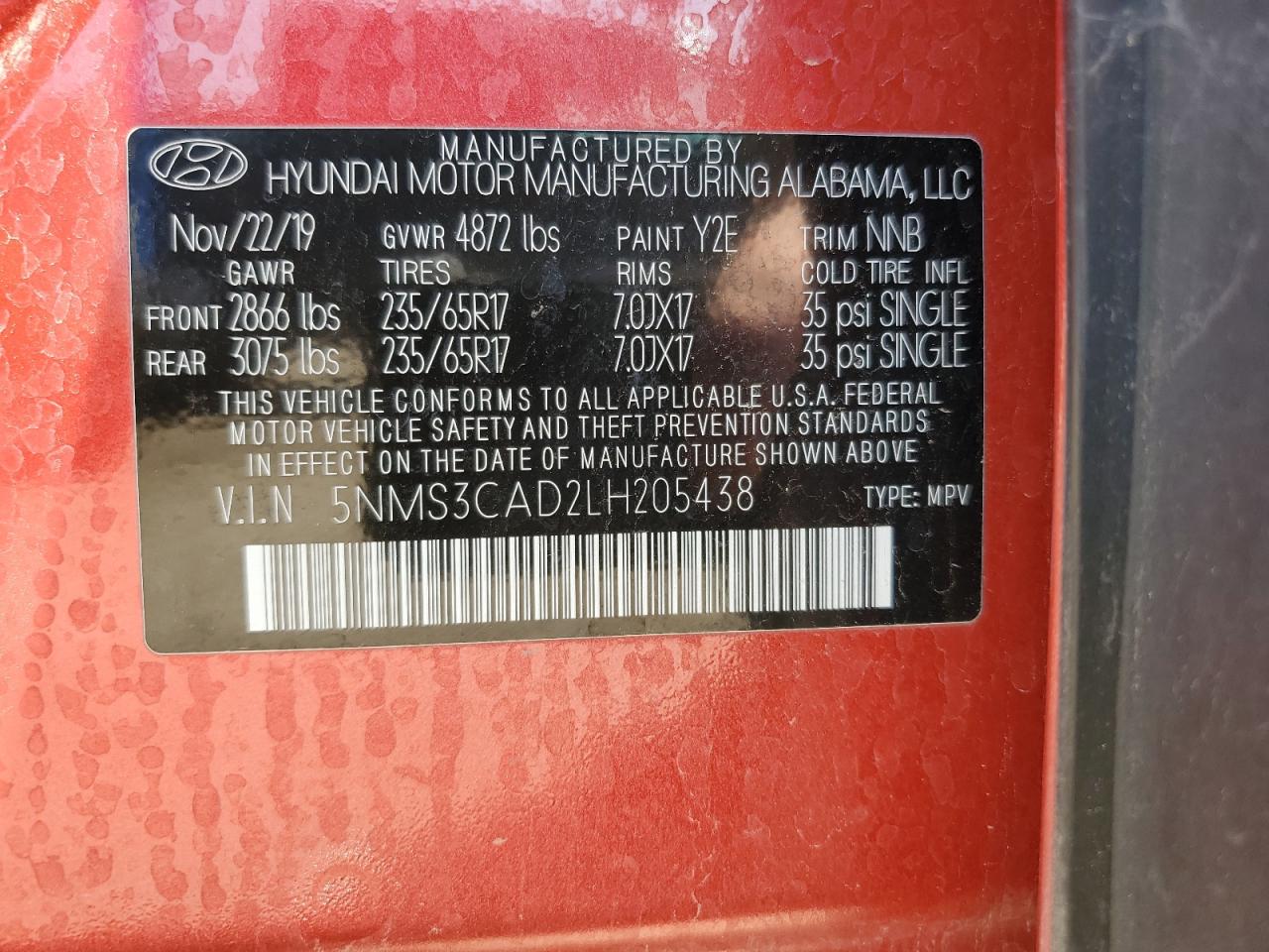 2020 Hyundai Santa Fe Sel VIN: 5NMS3CAD2LH205438 Lot: 63523074