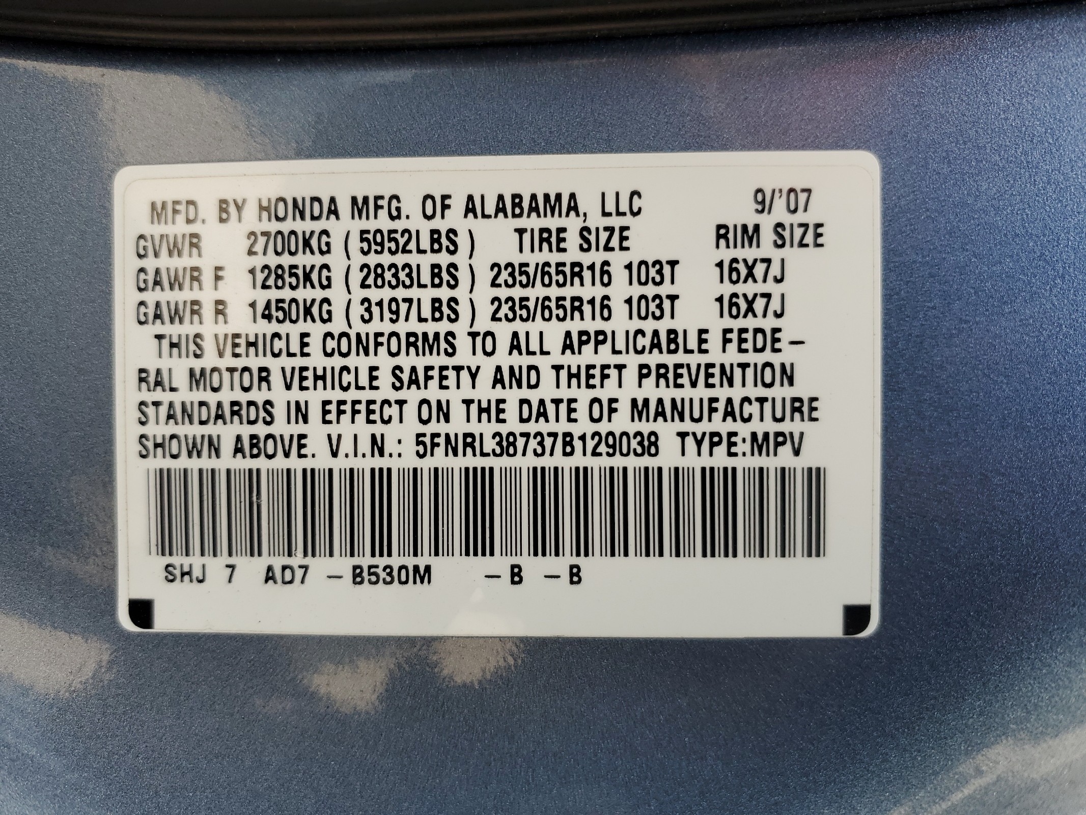 5FNRL38737B129038 2007 Honda Odyssey Exl