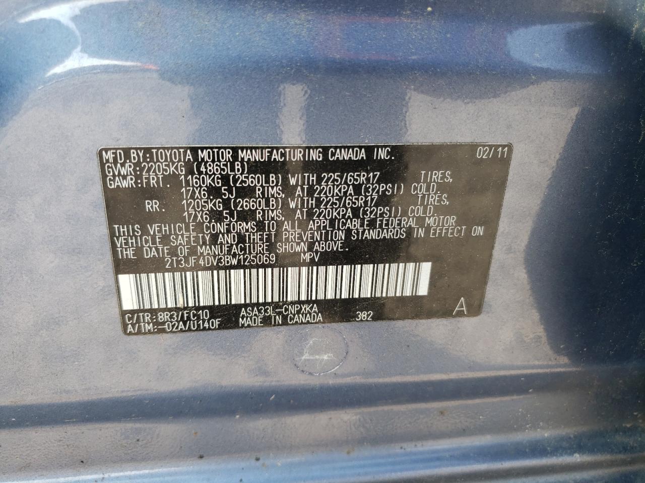 2011 Toyota Rav4 VIN: 2T3JF4DV3BW125069 Lot: 67739104