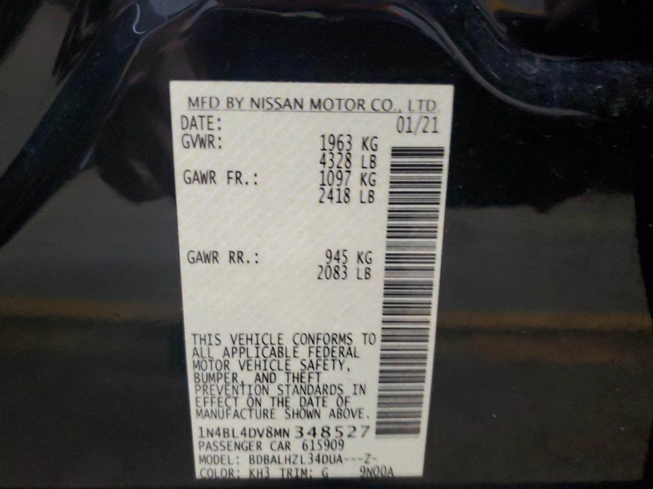 2021 Nissan Altima Sv VIN: 1N4BL4DV8MN348527 Lot: 67105764