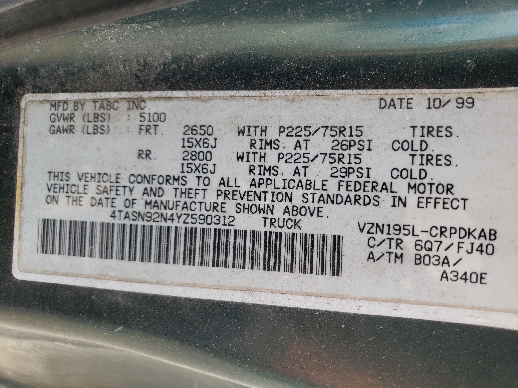 4TASN92N4YZ590312 2000 Toyota Tacoma Xtracab Prerunner