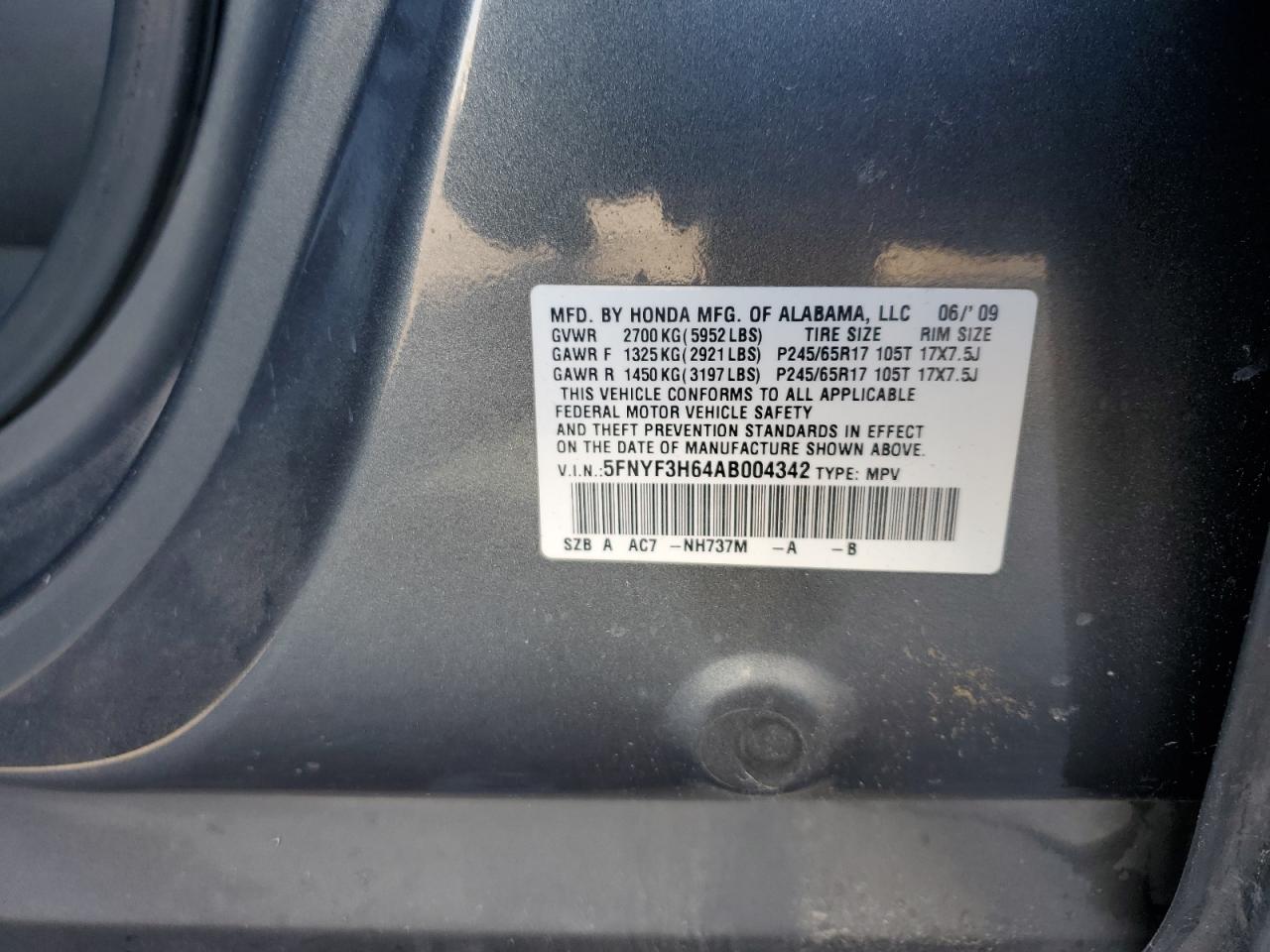 2010 Honda Pilot Exl VIN: 5FNYF3H64AB004342 Lot: 64389004