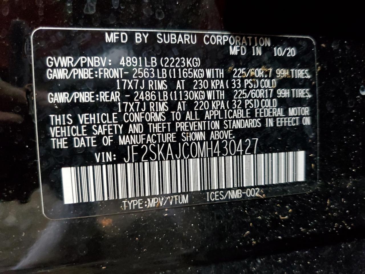 2021 Subaru Forester Premium VIN: JF2SKAJC0MH430427 Lot: 65672074