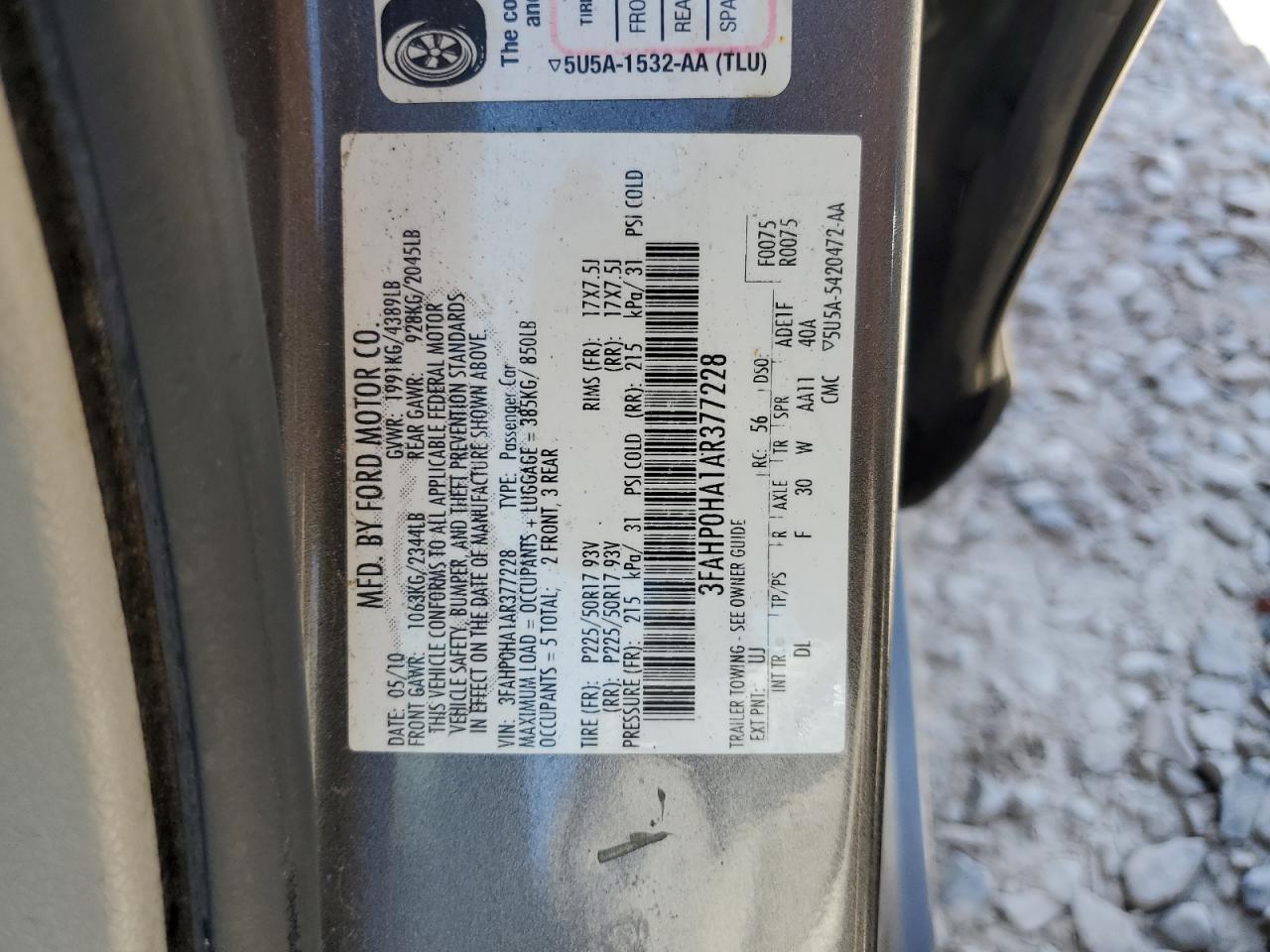 2010 Ford Fusion Se VIN: 3FAHP0HA1AR377228 Lot: 66718384