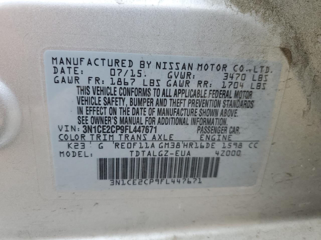 3N1CE2CP9FL447671 2015 Nissan Versa Note S