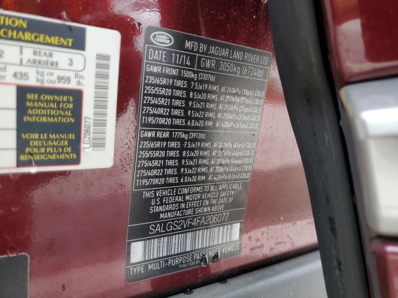 2015 Land Rover Range Rover Hse VIN: SALGS2VF4FA206077 Lot: 65810524