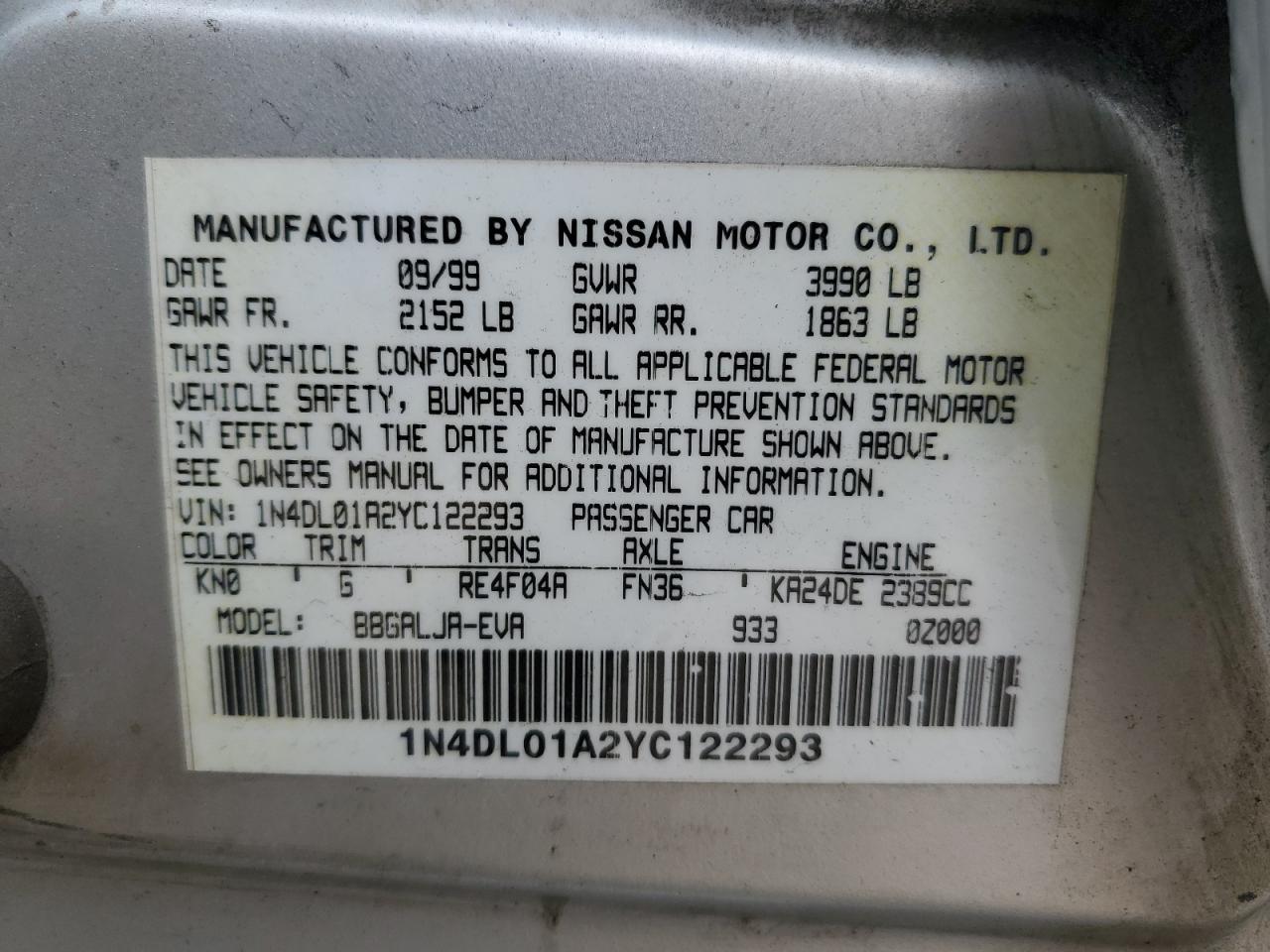 2000 Nissan Altima Xe VIN: 1N4DL01A2YC122293 Lot: 66731024