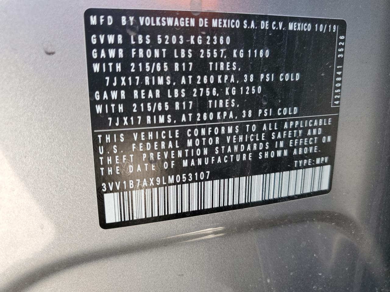 3VV1B7AX9LM053107 2020 Volkswagen Tiguan S