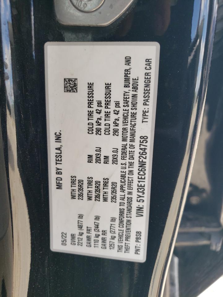 5YJ3E1EC6NF264758 2022 Tesla Model 3