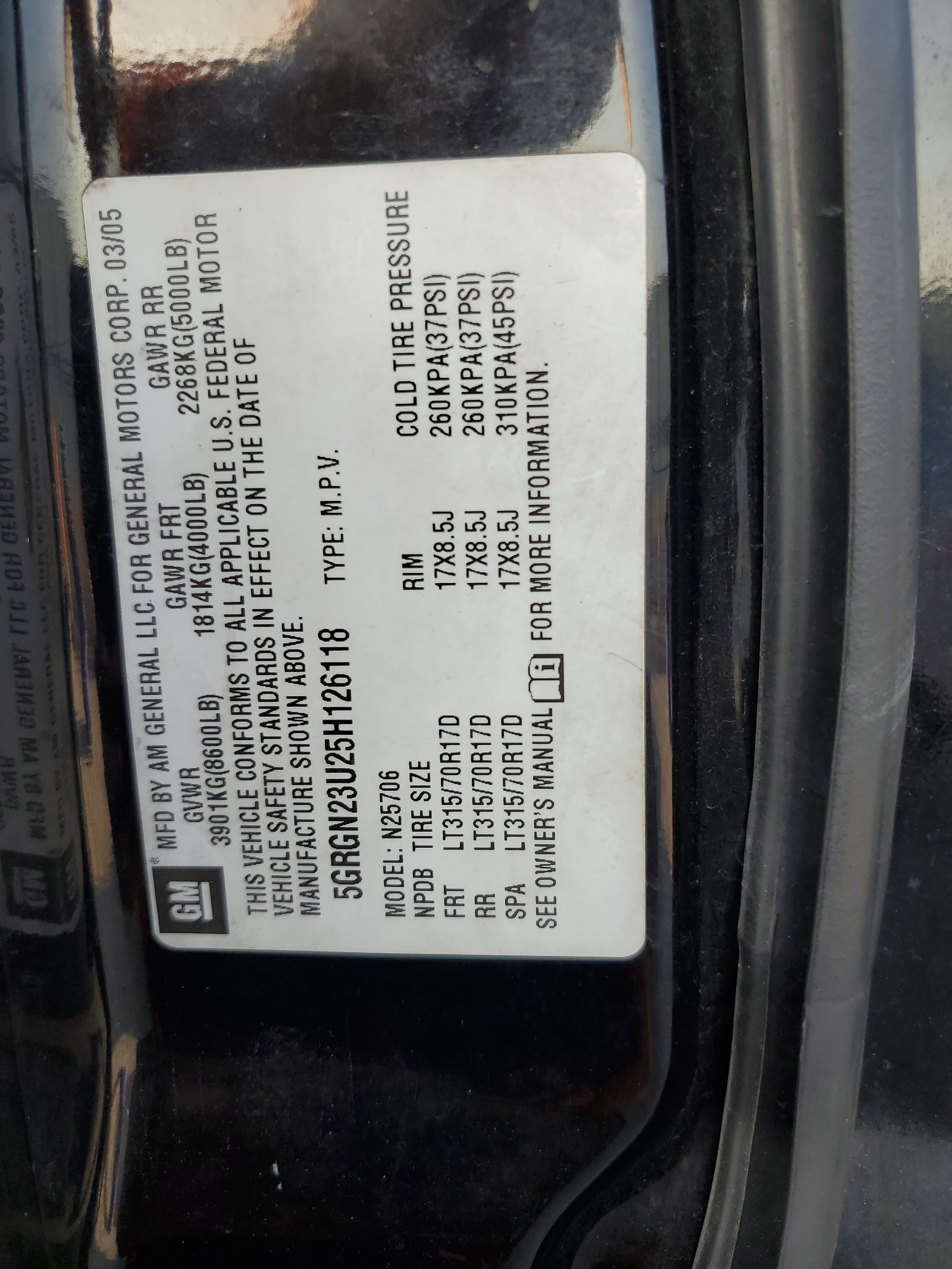 5GRGN23U25H126118 2005 Hummer H2