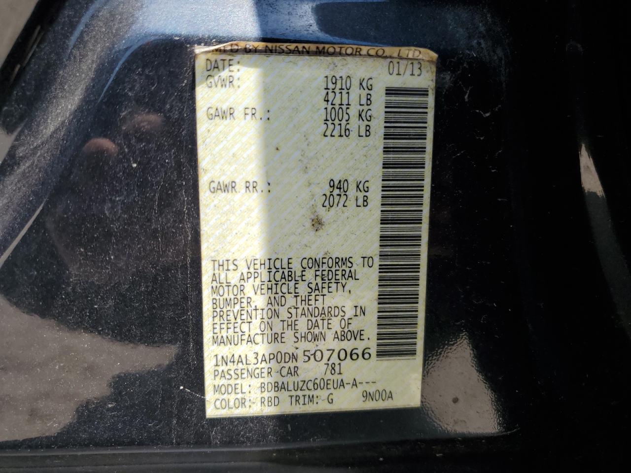 2013 Nissan Altima 2.5 VIN: 1N4AL3AP0DN507066 Lot: 68419724