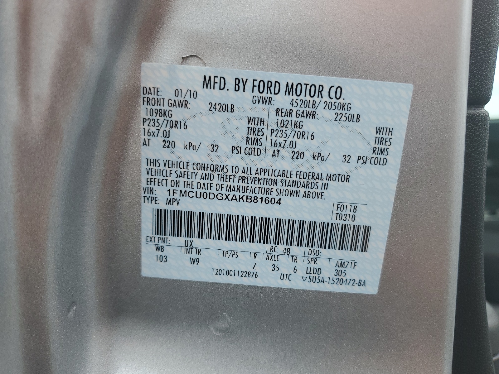 1FMCU0DGXAKB81604 2010 Ford Escape Xlt
