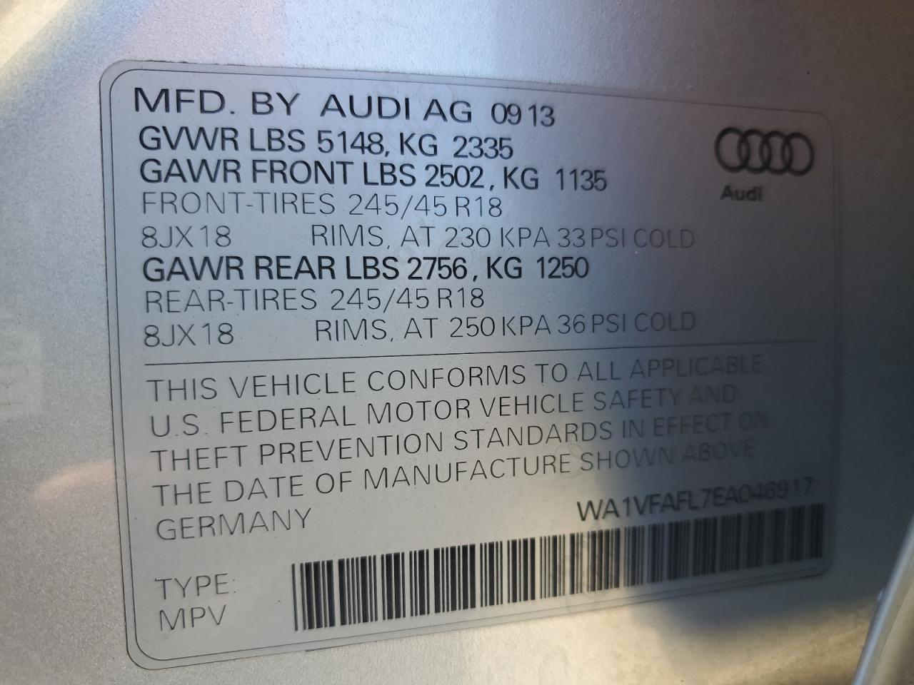 2014 Audi A4 Allroad Prestige VIN: WA1VFAFL7EA046917 Lot: 65256064