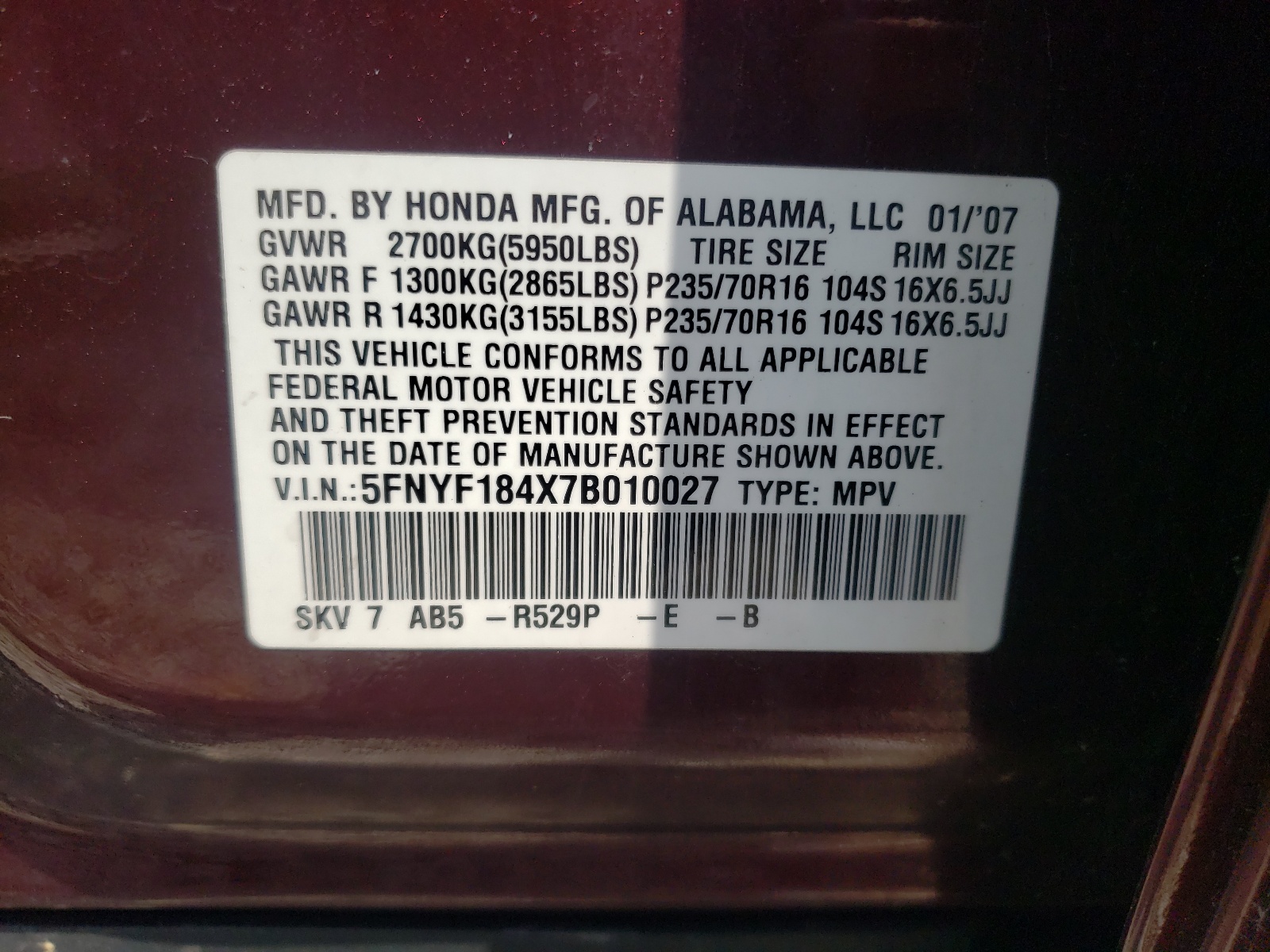 5FNYF184X7B010027 2007 Honda Pilot Ex