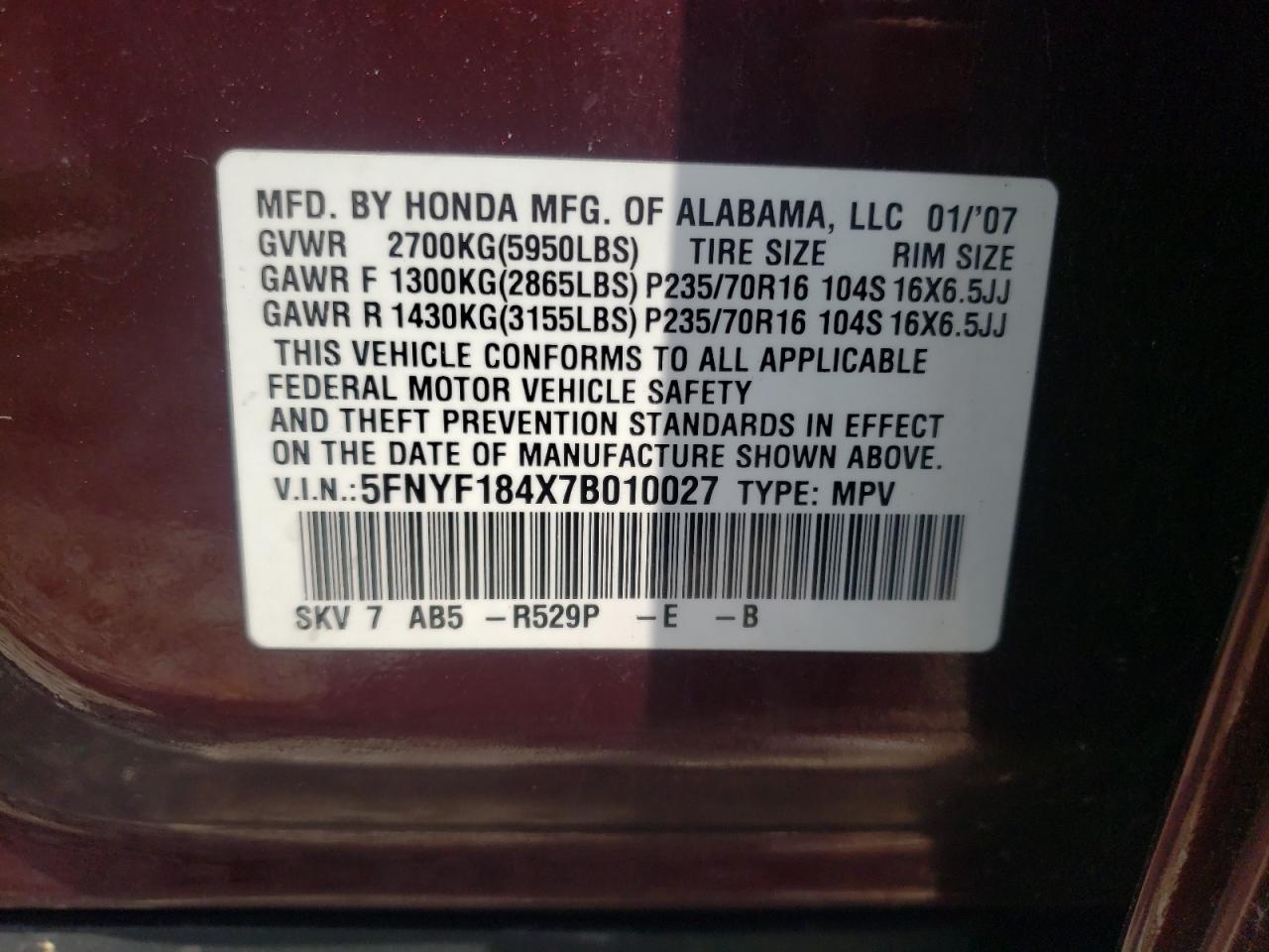 2007 Honda Pilot Ex VIN: 5FNYF184X7B010027 Lot: 65938514