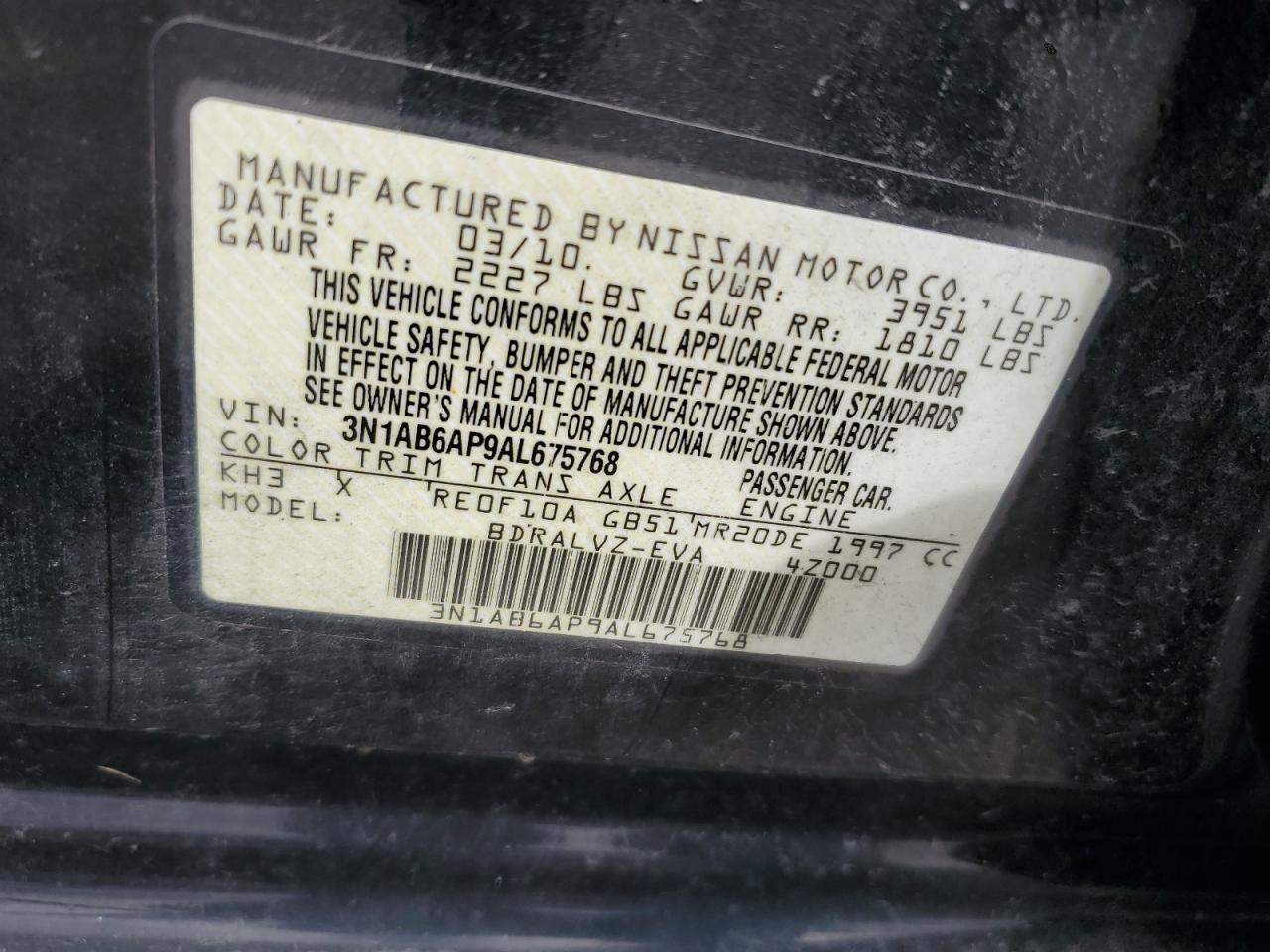 2010 Nissan Sentra 2.0 VIN: 3N1AB6AP9AL675768 Lot: 64150214