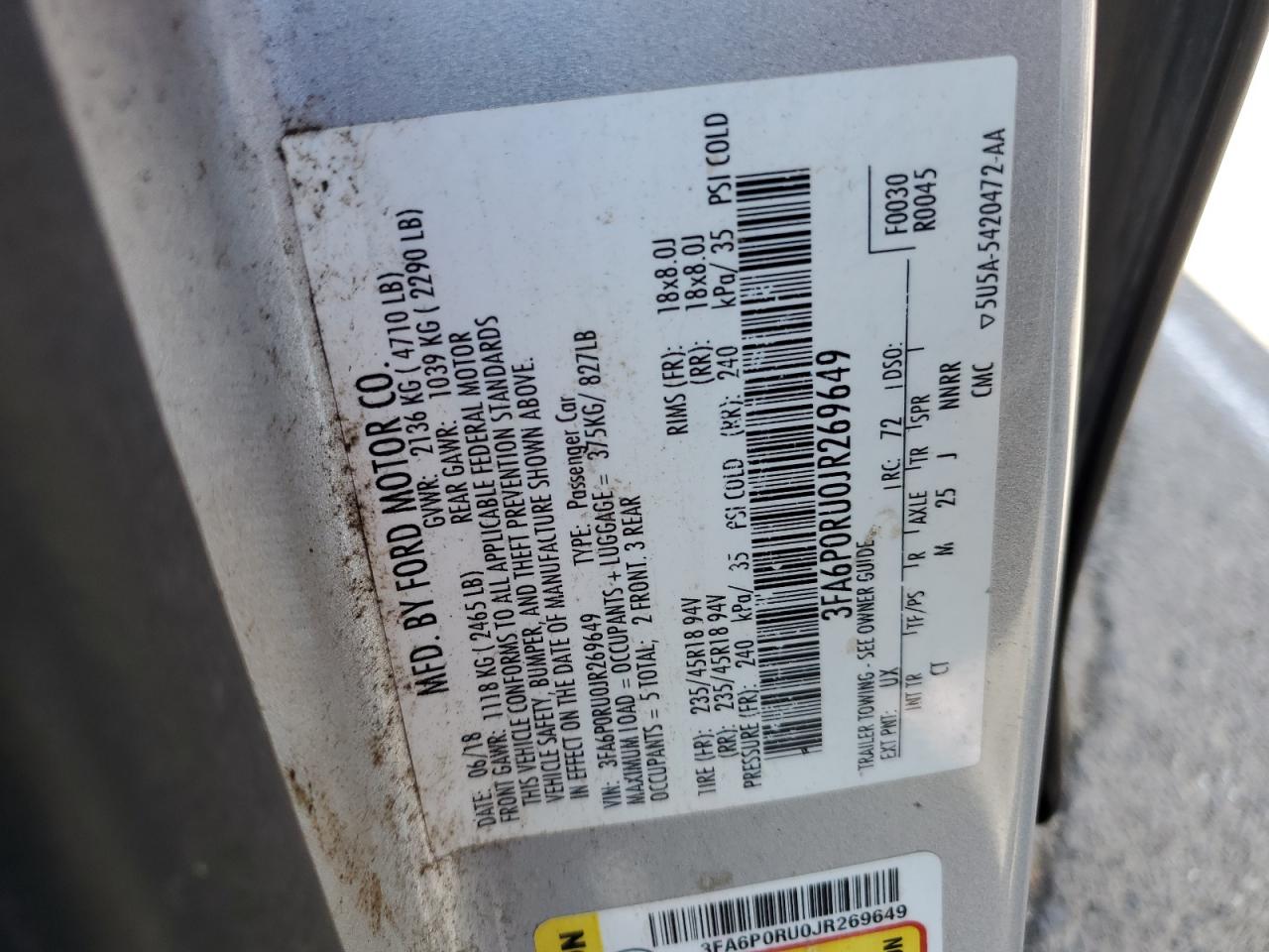 3FA6P0RU0JR269649 2018 Ford Fusion Titanium/Platinum Hev