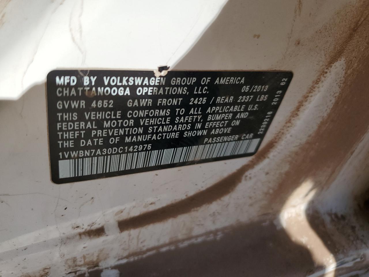 2013 Volkswagen Passat Se VIN: 1VWBN7A30DC142975 Lot: 66720264