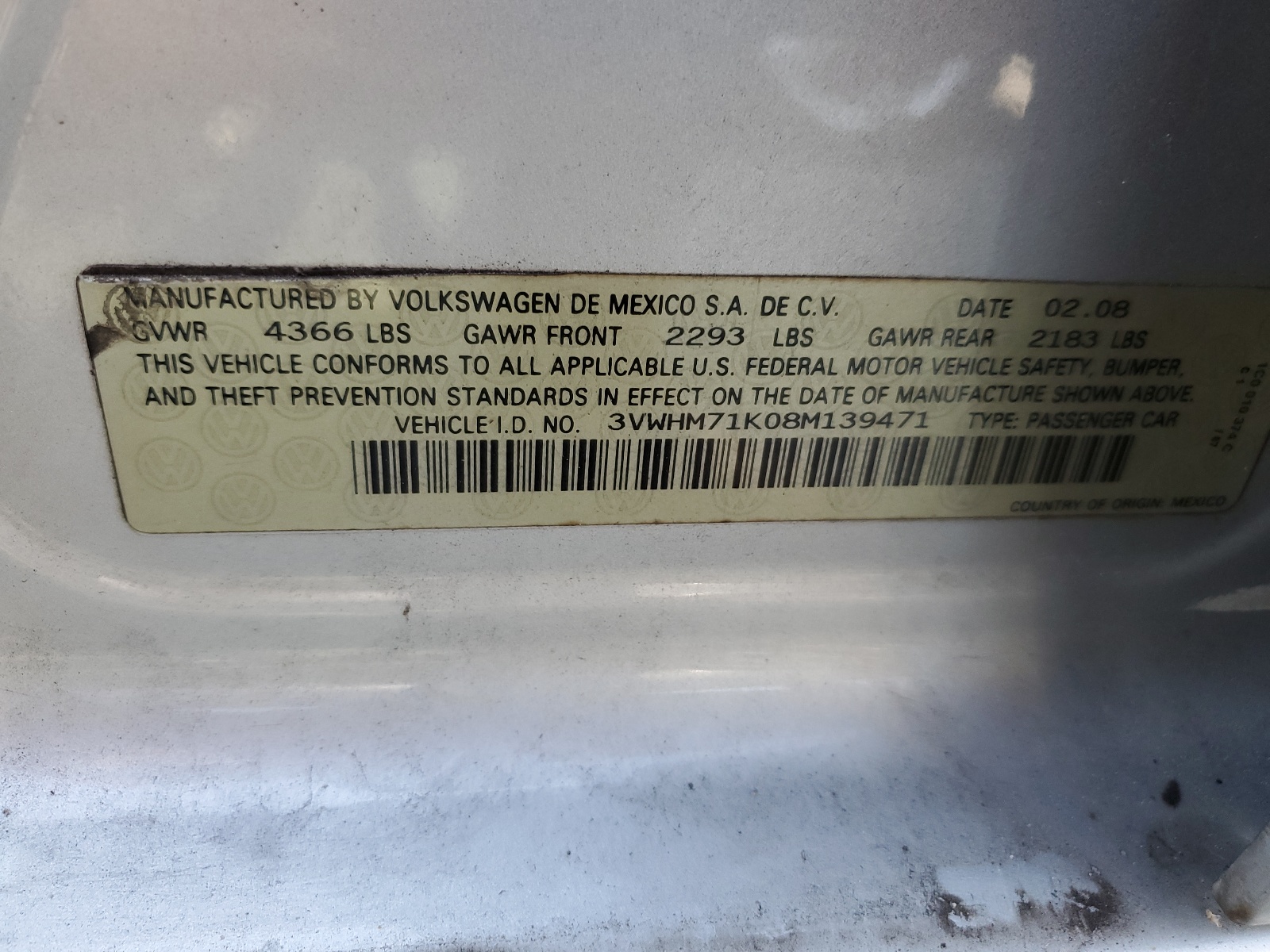 3VWHM71K08M139471 2008 Volkswagen Jetta S