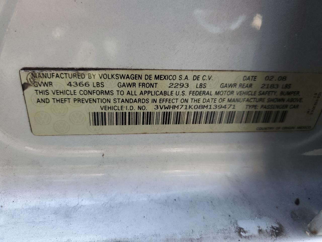 2008 Volkswagen Jetta S VIN: 3VWHM71K08M139471 Lot: 67663984