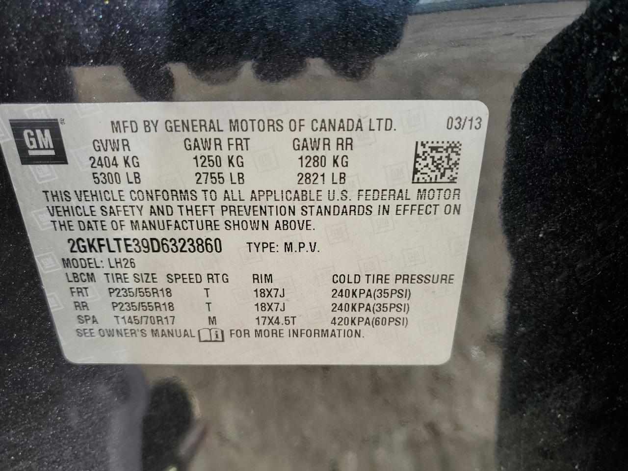 2013 GMC Terrain Sle VIN: 2GKFLTE39D6323860 Lot: 65911904