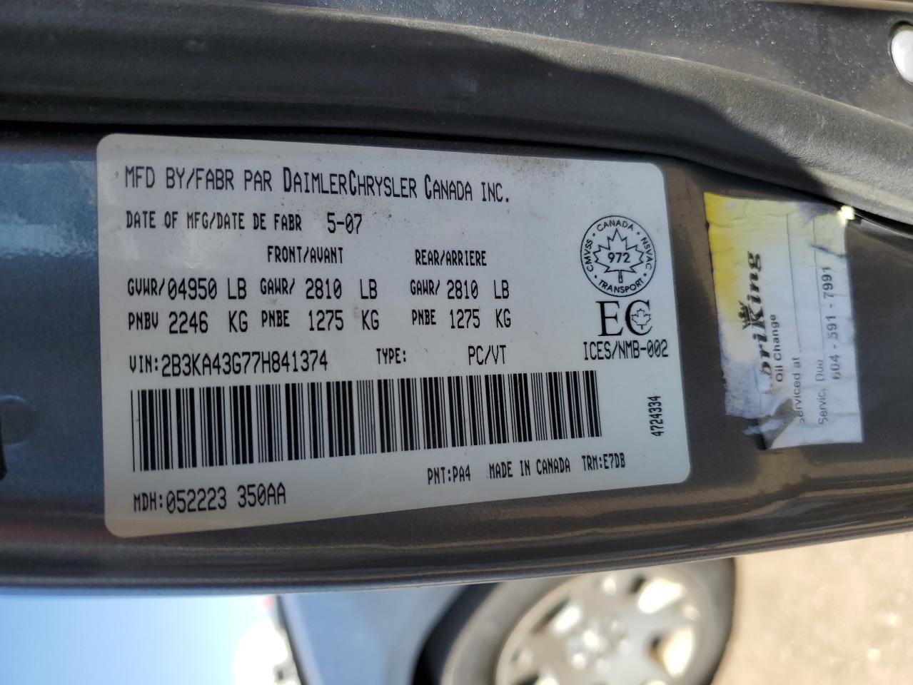 2007 Dodge Charger Se VIN: 2B3KA43G77H841374 Lot: 65794594