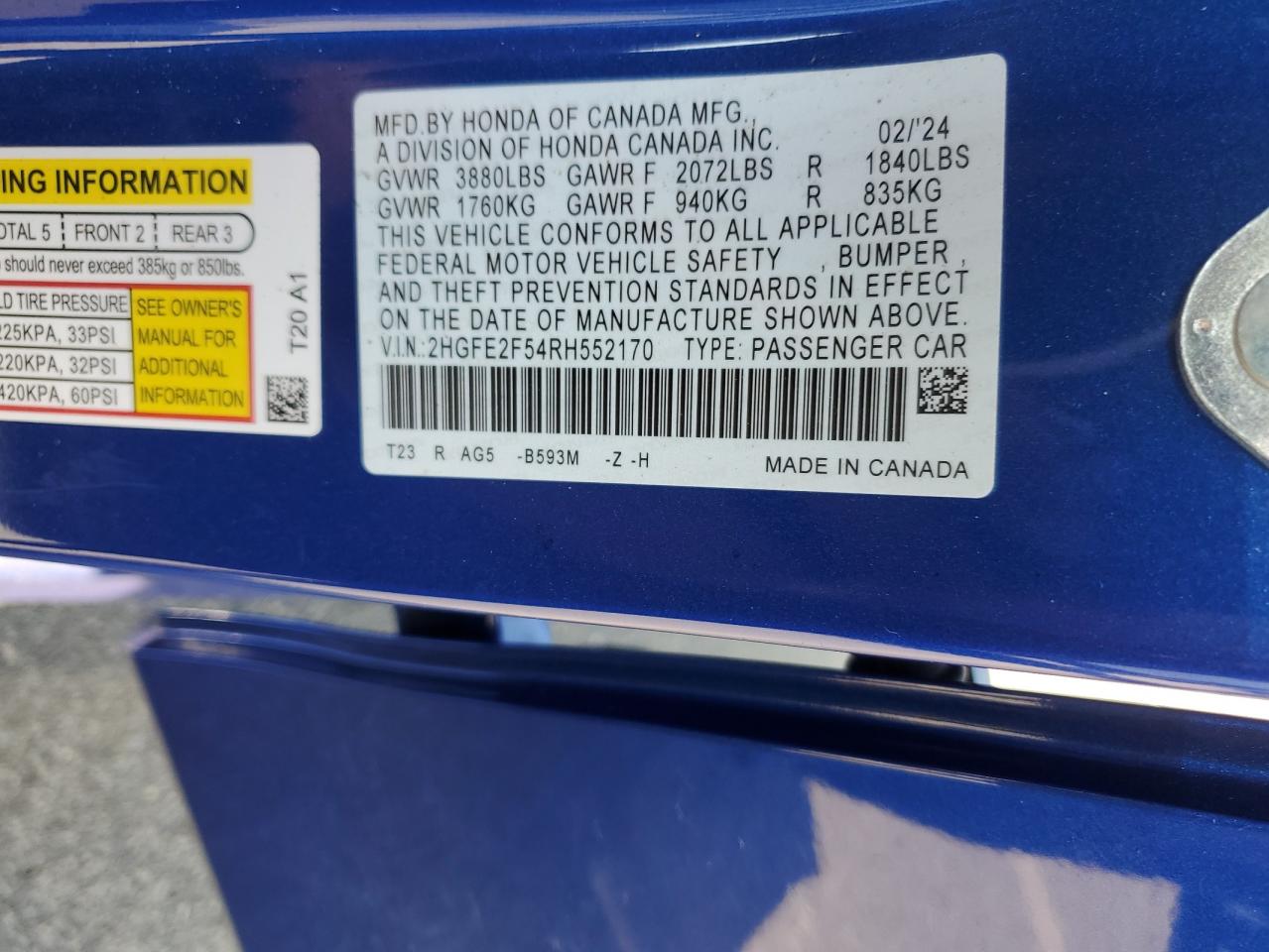 2HGFE2F54RH552170 2024 Honda Civic Sport