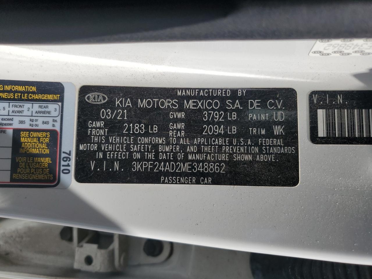 3KPF24AD2ME348862 2021 KIA FORTE - Image 14