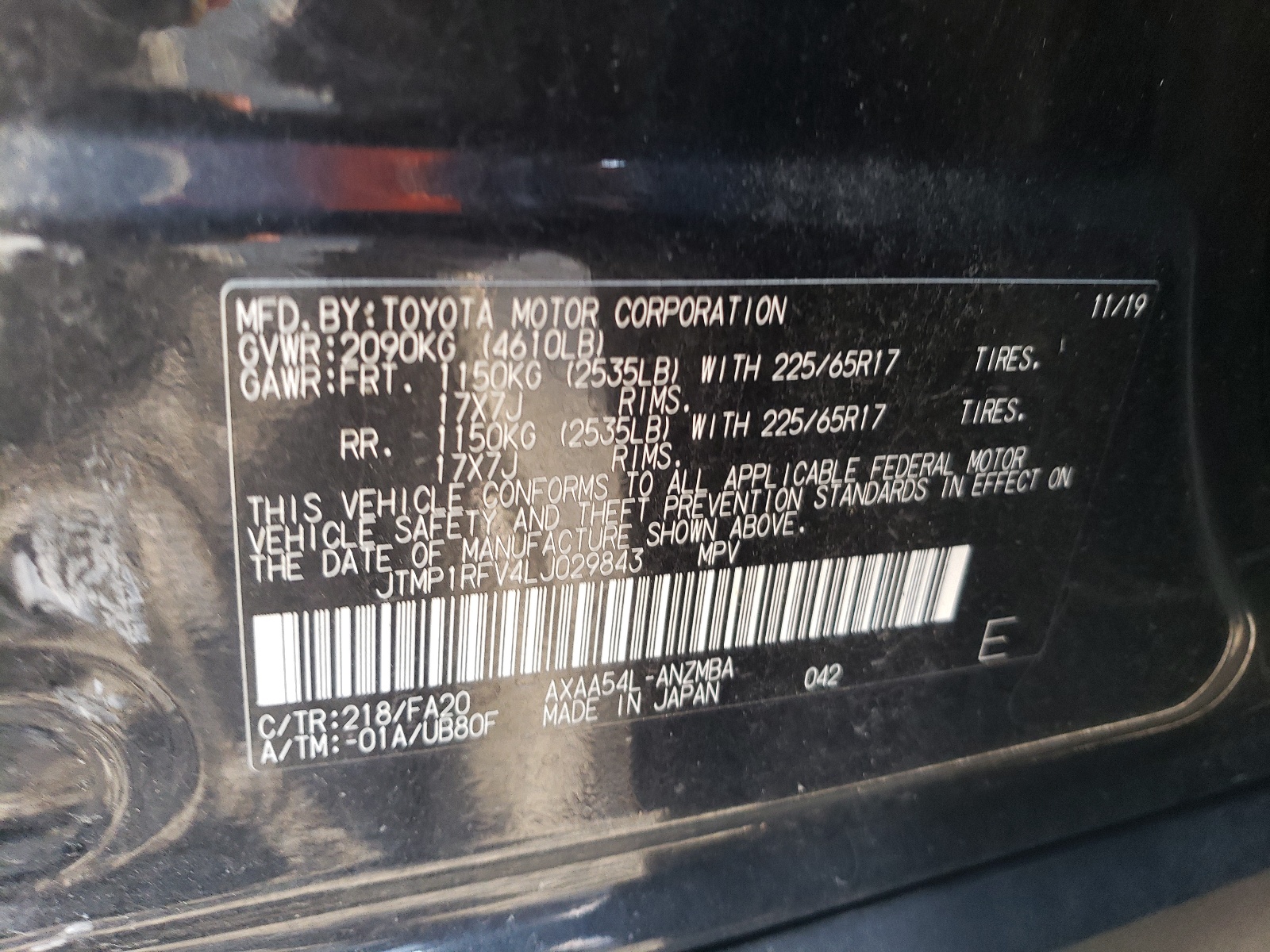 JTMP1RFV4LJ029843 2020 Toyota Rav4 Xle