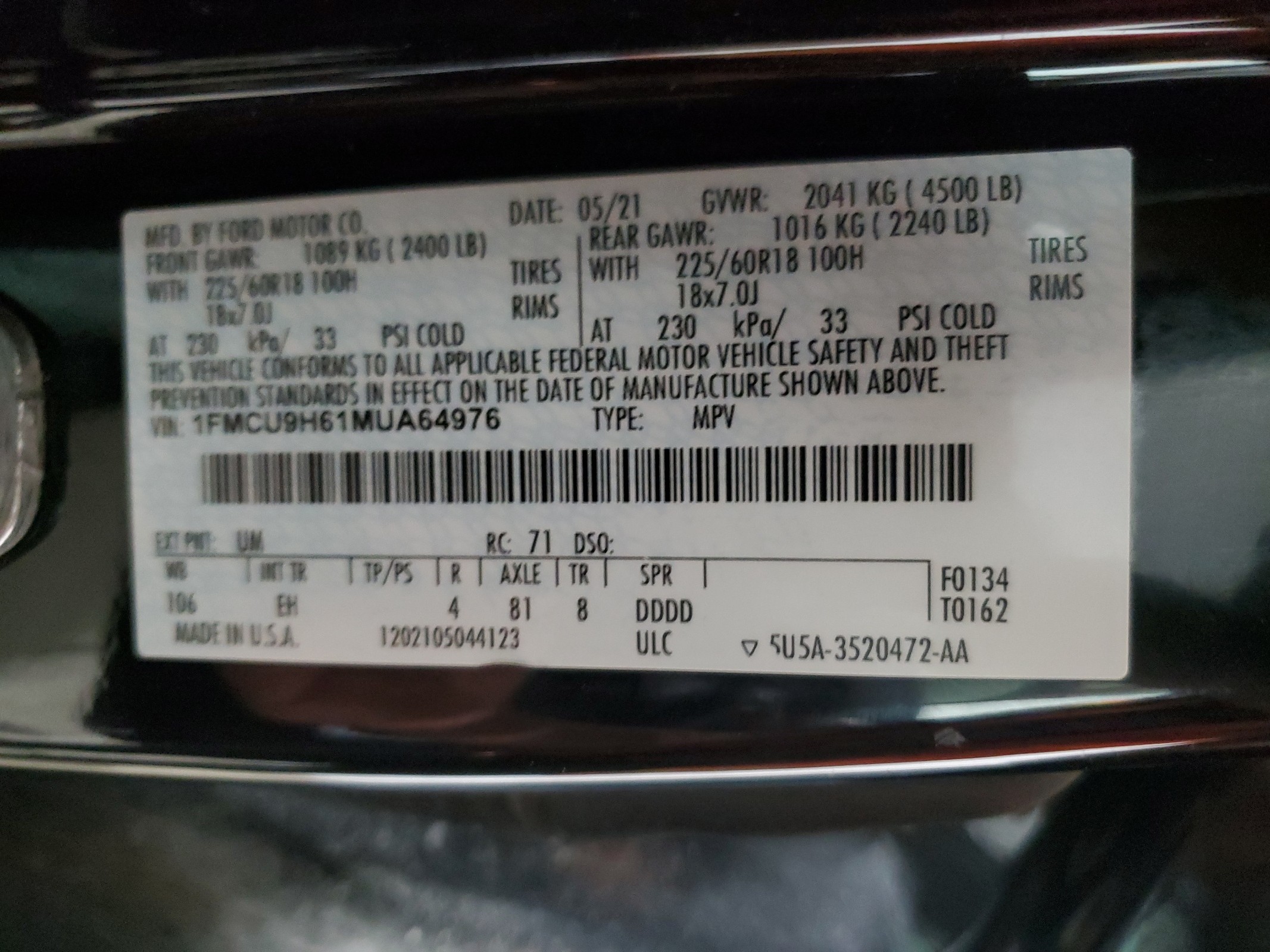 1FMCU9H61MUA64976 2021 Ford Escape Sel
