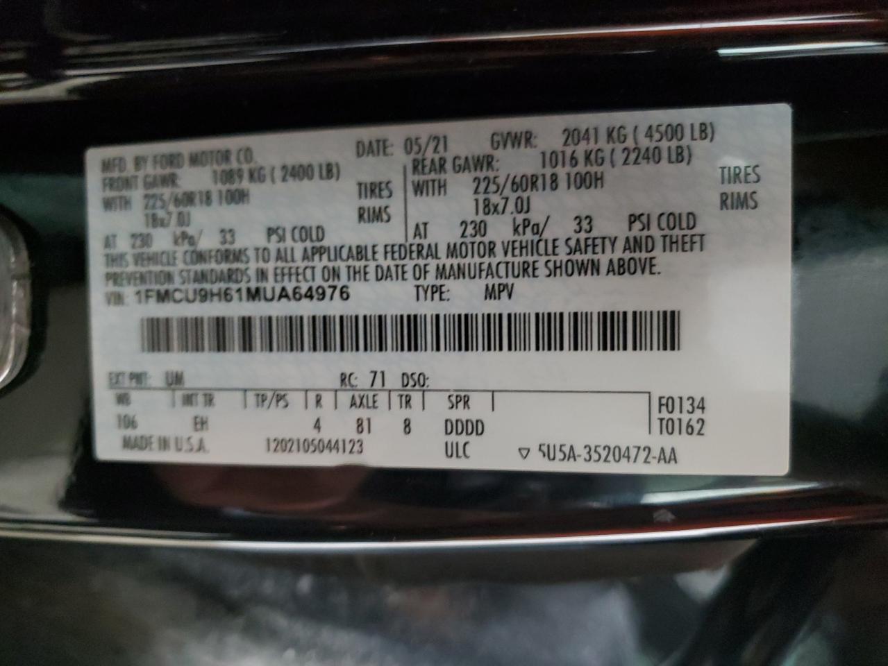 2021 Ford Escape Sel VIN: 1FMCU9H61MUA64976 Lot: 65772794