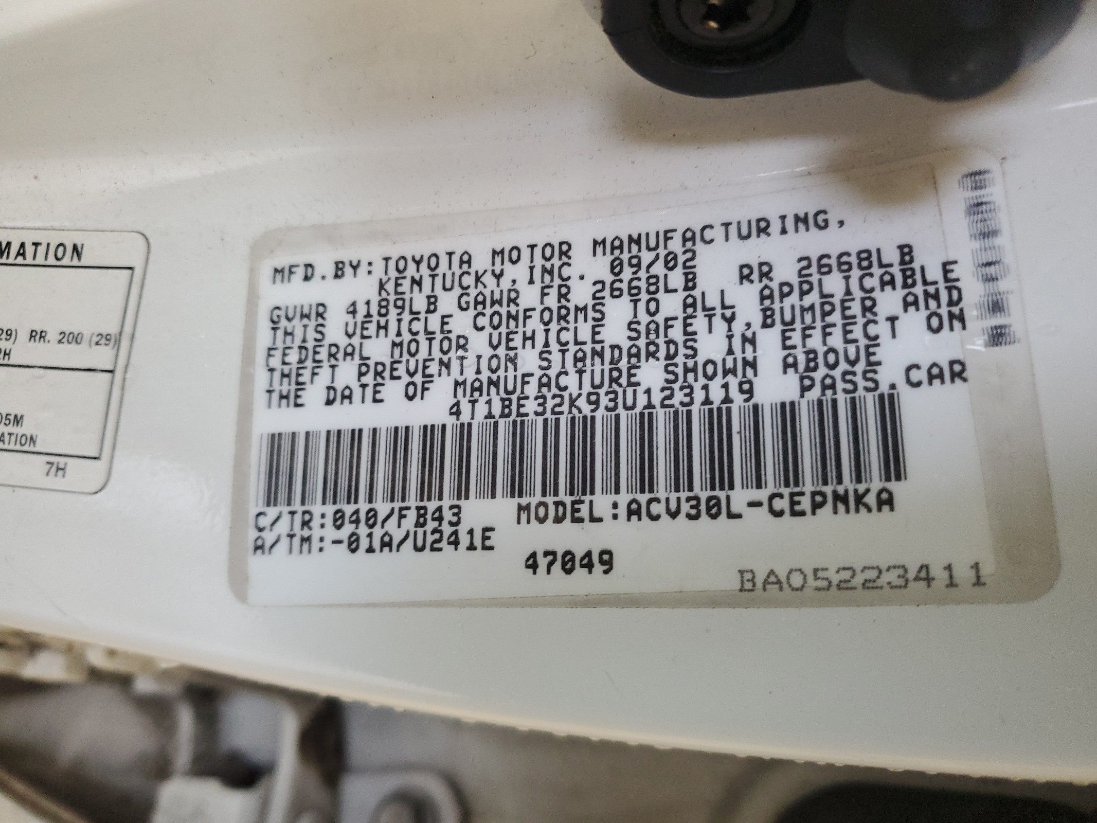 4T1BE32K93U123119 2003 Toyota Camry Le