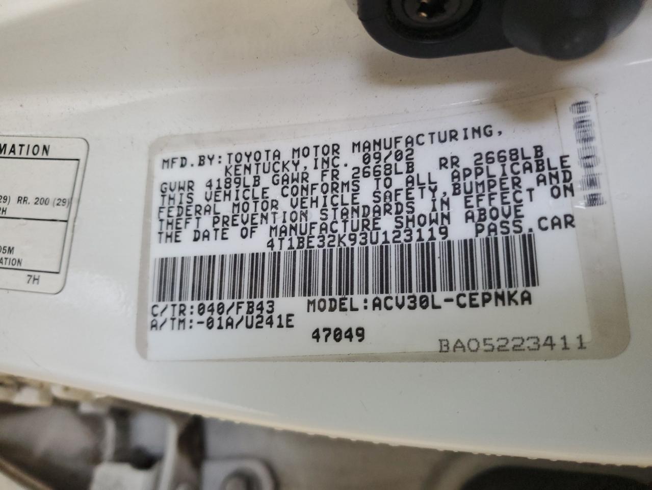 2003 Toyota Camry Le VIN: 4T1BE32K93U123119 Lot: 65673164