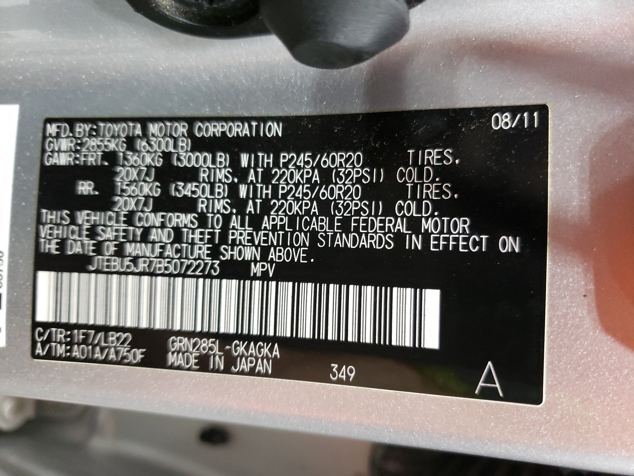 JTEBU5JR7B5072273 2011 Toyota 4Runner Sr5