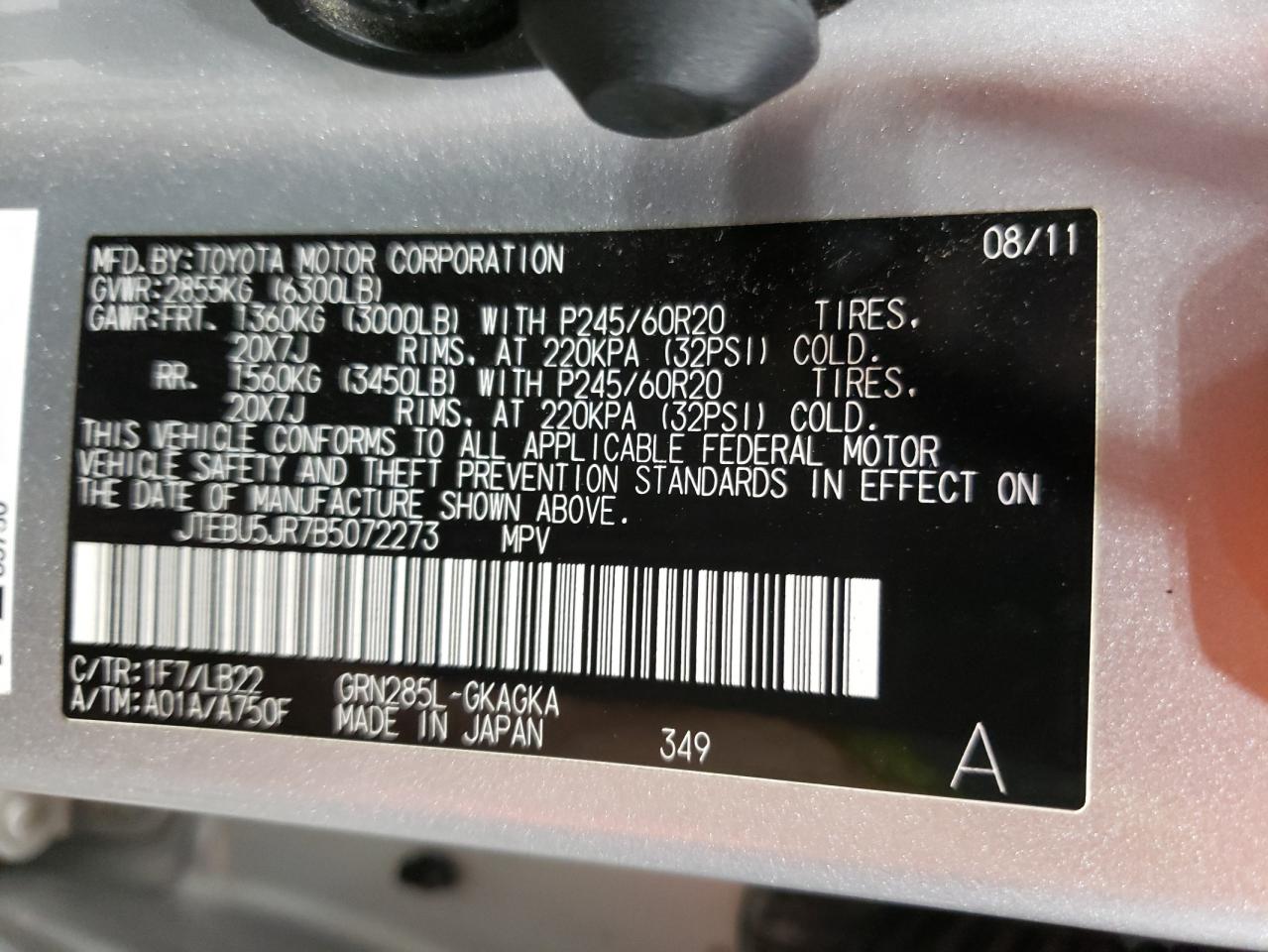 2011 Toyota 4Runner Sr5 VIN: JTEBU5JR7B5072273 Lot: 67125294