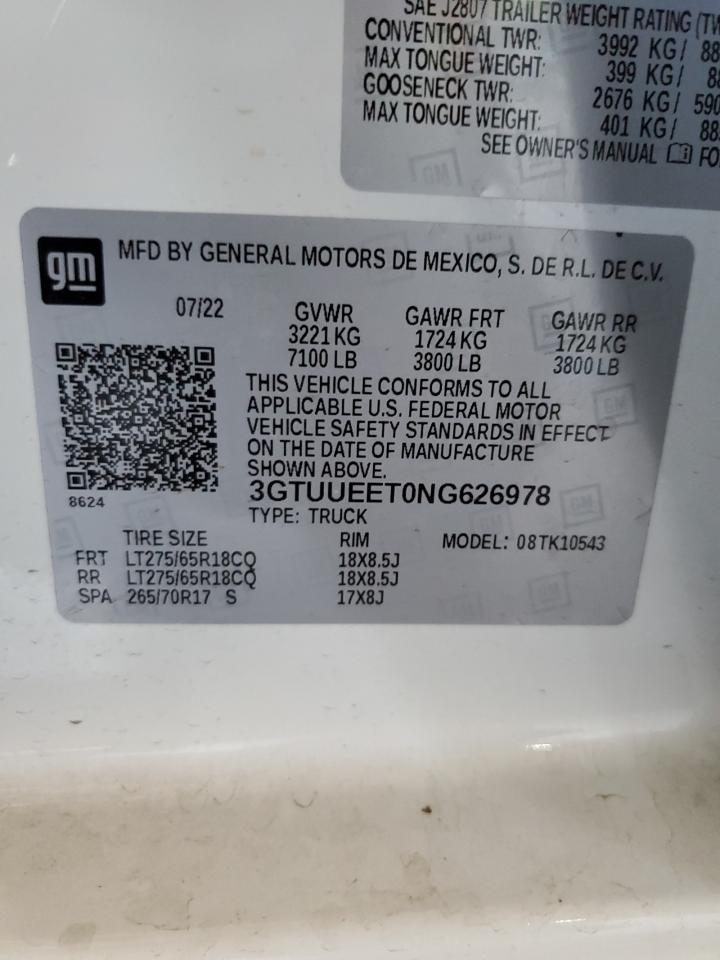 2022 GMC Sierra K1500 At4 VIN: 3GTUUEET0NG626978 Lot: 67516044