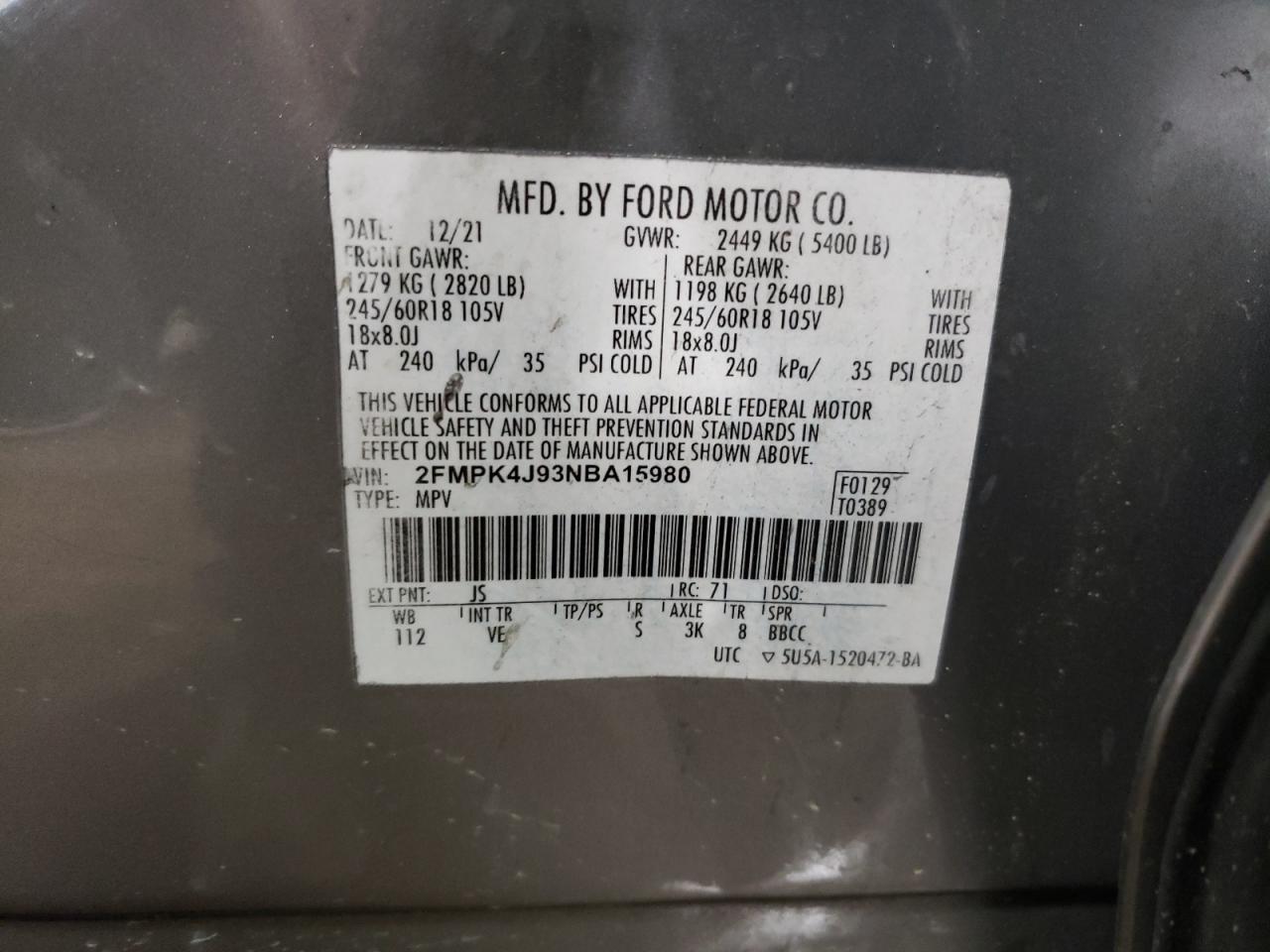 2022 Ford Edge Sel VIN: 2FMPK4J93NBA15980 Lot: 66544684