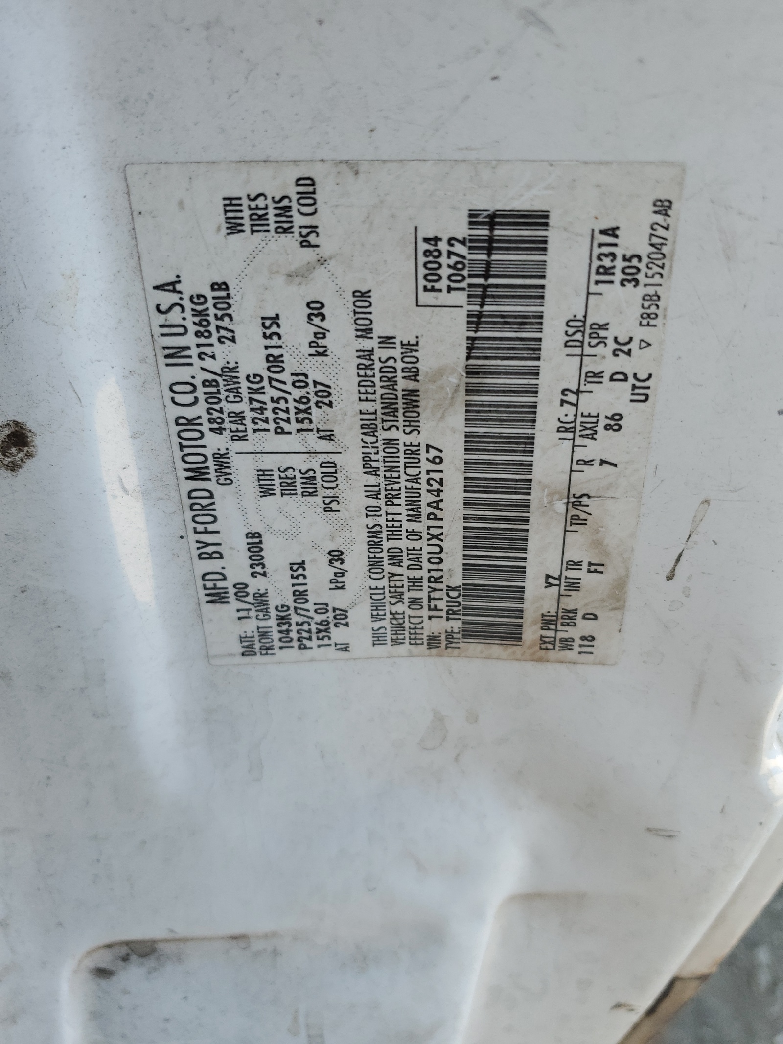 1FTYR10UX1PA42167 2001 Ford Ranger