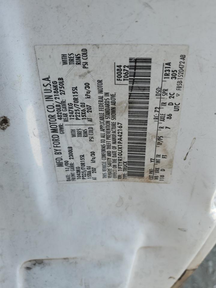 2001 Ford Ranger VIN: 1FTYR10UX1PA42167 Lot: 66616384