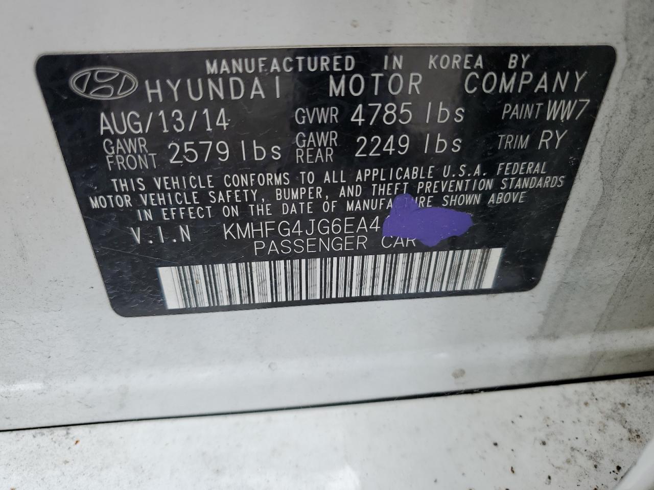 2014 Hyundai Azera VIN: KMHFG4JG6EA418665 Lot: 65909644