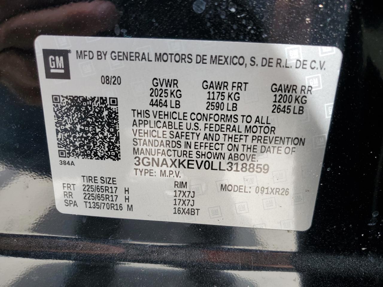 2020 Chevrolet Equinox Lt VIN: 3GNAXKEV0LL318859 Lot: 68121114