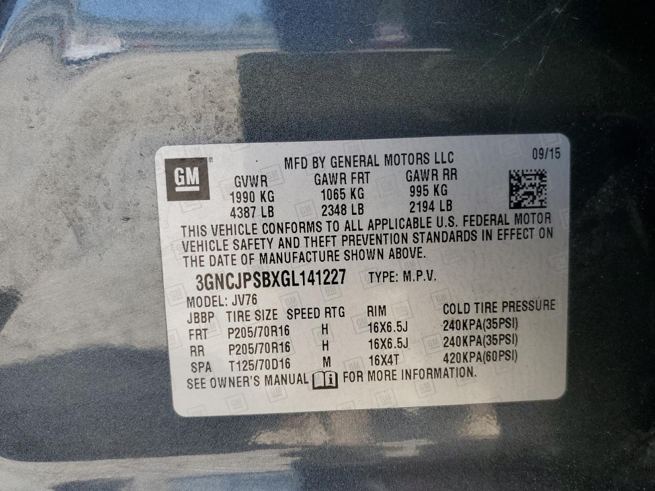 2016 Chevrolet Trax 1Lt VIN: 3GNCJPSBXGL141227 Lot: 65797544