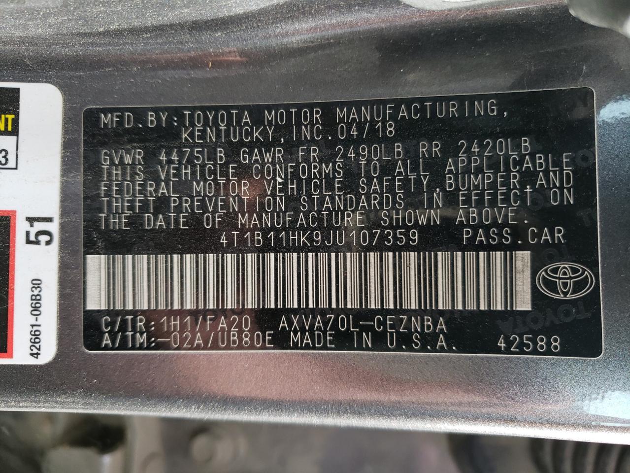 4T1B11HK9JU107359 2018 TOYOTA CAMRY - Image 12